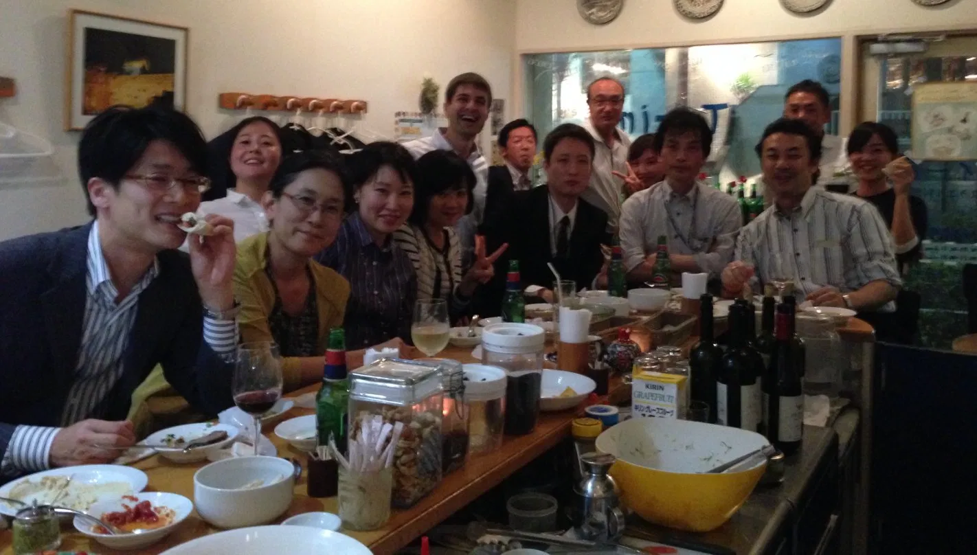 Evan hosting friends and colleagues at a Tokyo restaurant
