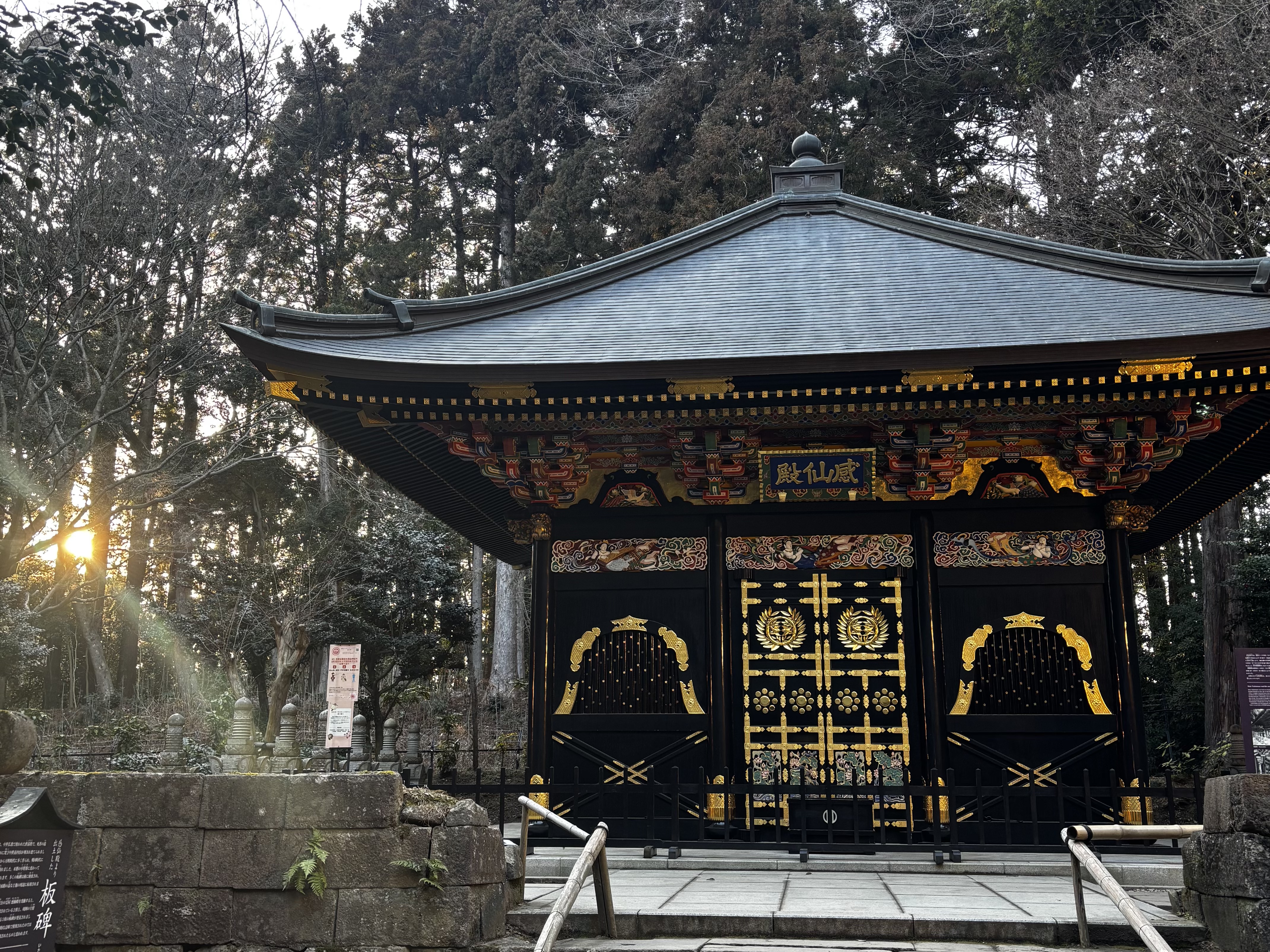 Zuihoden mausoleum — black lacquer and gold detail with sunburst through ancient cedars, Sendai